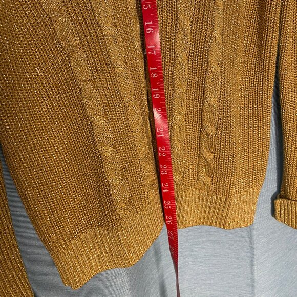 Gold Metallic Shimmer V Neck Cable Knit Sweater Cotton - Picture 4 of 5